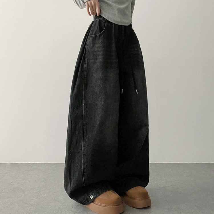 【丈別】]サイドピンタックスナップデニムワイドパンツ(6color) BLACK