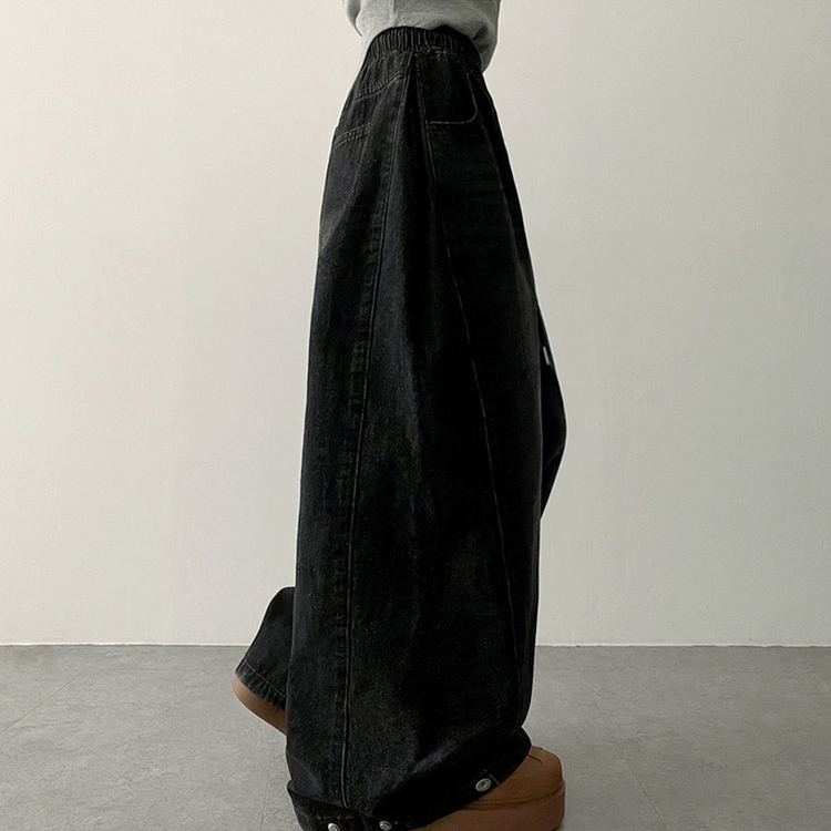 【丈別】]サイドピンタックスナップデニムワイドパンツ(6color) BLACK