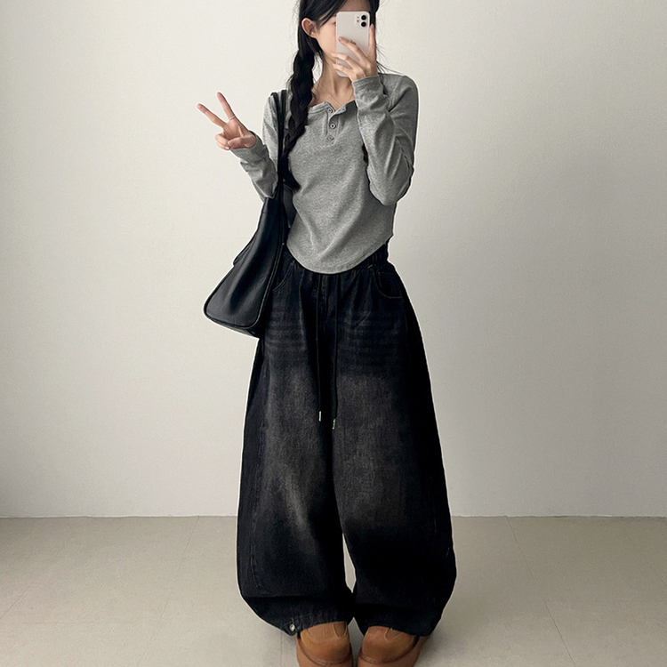 【丈別】]サイドピンタックスナップデニムワイドパンツ(6color) BLACK