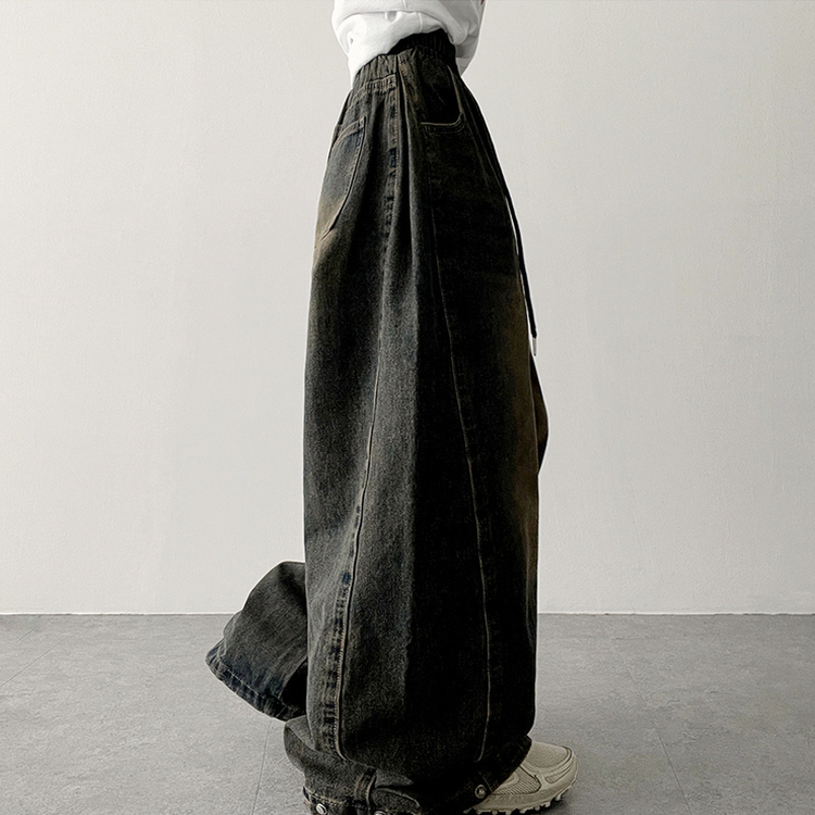 【丈別】]サイドピンタックスナップデニムワイドパンツ(6color) VINTAGE BLUE