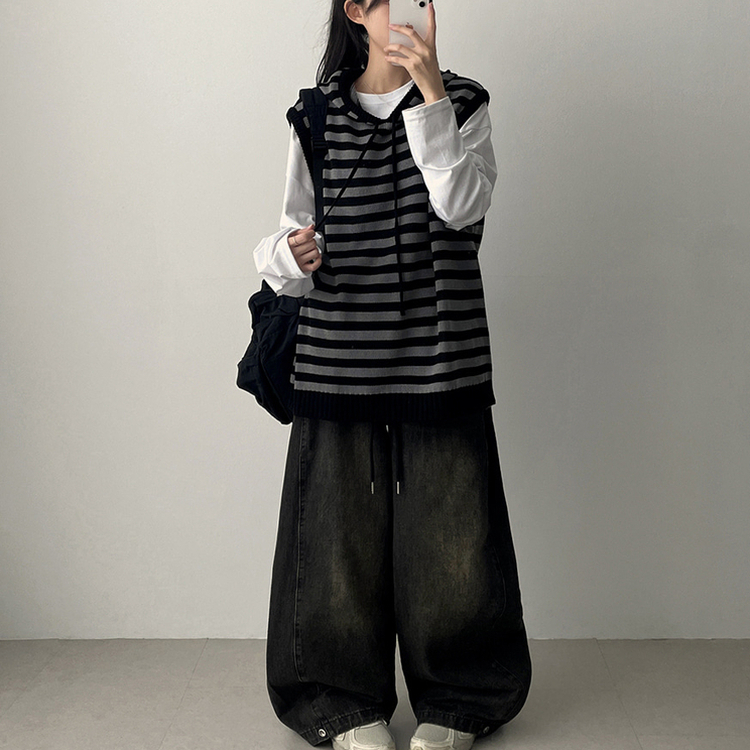 【丈別】]サイドピンタックスナップデニムワイドパンツ(6color) VINTAGE BLUE