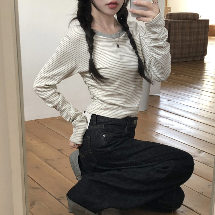 ストライプバイカラー長袖Tシャツ IVORY