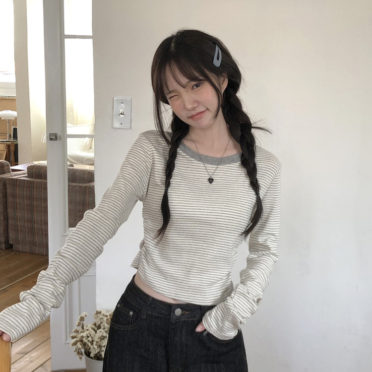 ストライプバイカラー長袖Tシャツ IVORY