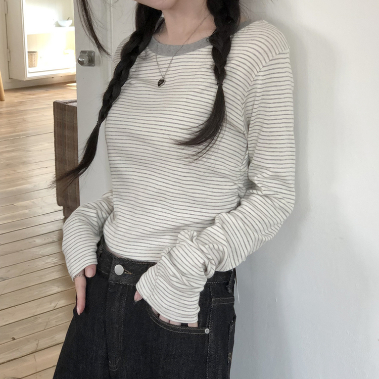 ストライプバイカラー長袖Tシャツ IVORY