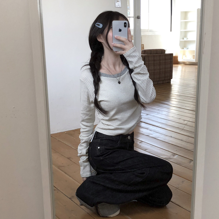 ストライプバイカラー長袖Tシャツ IVORY