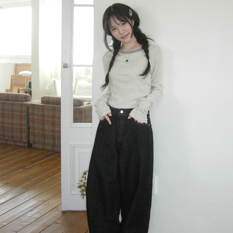 ストライプバイカラー長袖Tシャツ IVORY