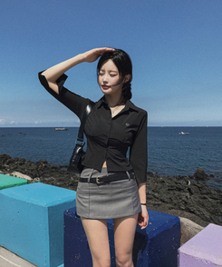 シャーリングライン7分袖シャツ BLACK