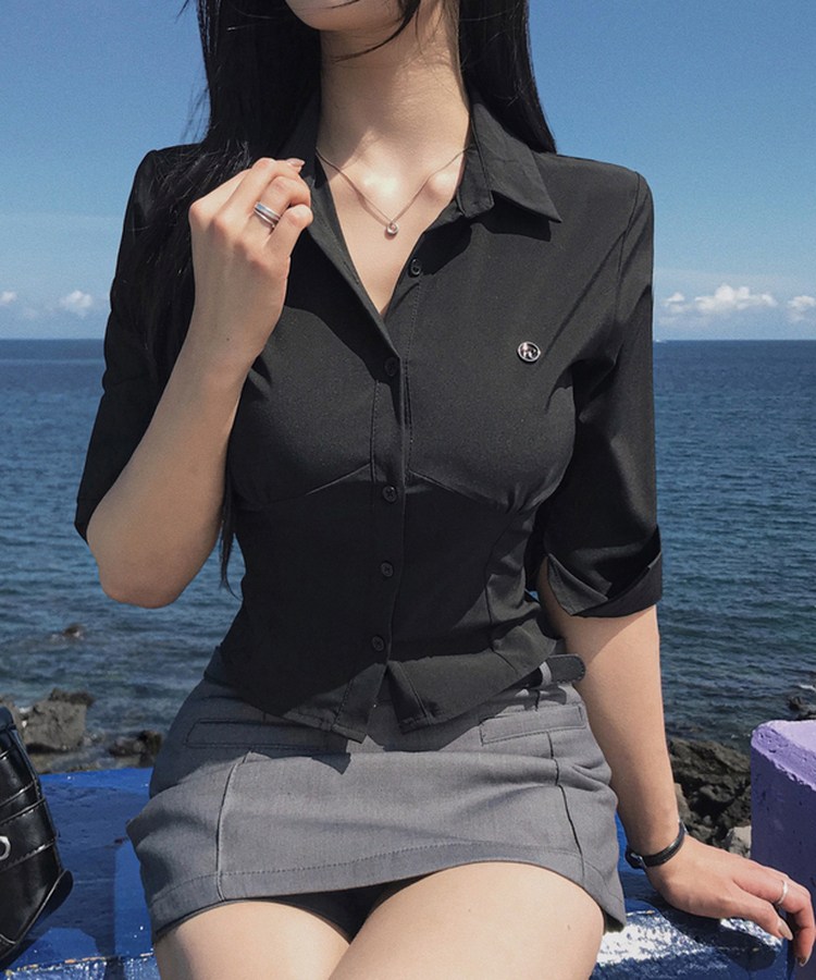 シャーリングライン7分袖シャツ BLACK