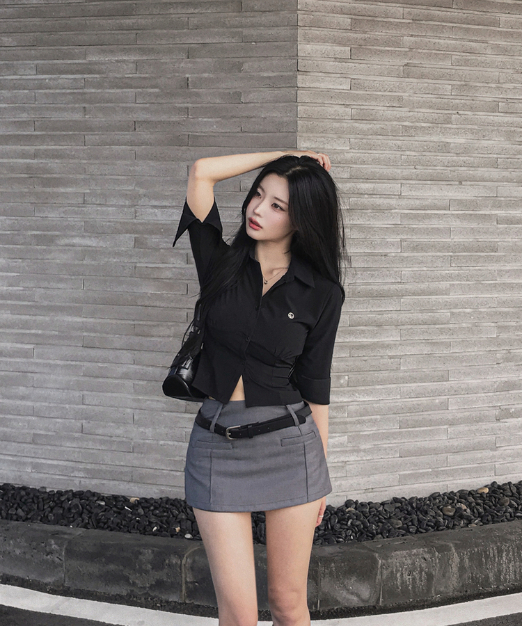 シャーリングライン7分袖シャツ BLACK