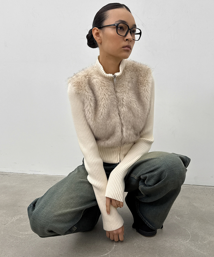 ファーニットブルゾン★ジップアップホワイトトップス ファーニットジップアップ｜ジャンパー｜韓国ファッション通販 SONA