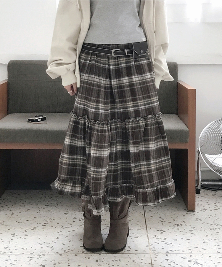 チェックフリルティアードロングスカート｜ミディ/ロングスカート