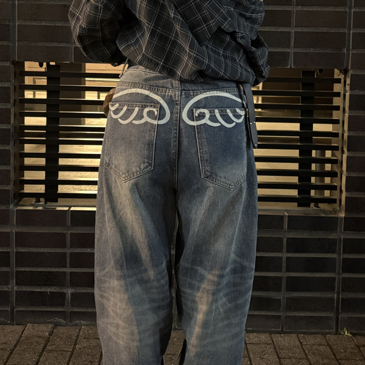 엔젤 워싱 데님 와이드 팬츠 네이비