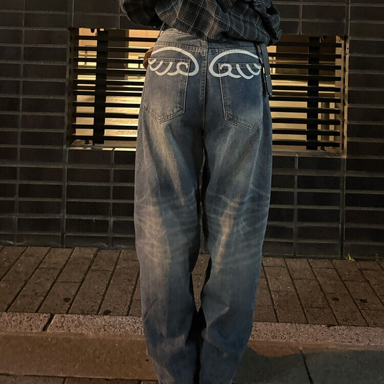 엔젤 워싱 데님 와이드 팬츠 네이비