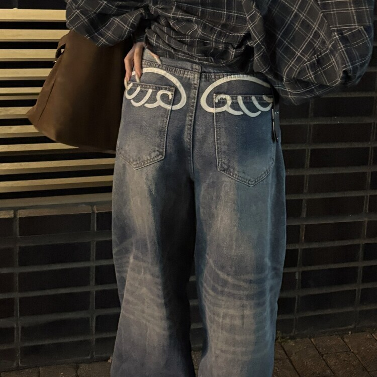 엔젤 워싱 데님 와이드 팬츠 네이비