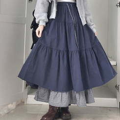 하이디 밑단 체크 레이어드 3단 캉캉 빈티지 롱스커트 보헤미안 모리걸 곤색