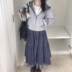 하이디 밑단 체크 레이어드 3단 캉캉 빈티지 롱스커트 보헤미안 모리걸 곤색