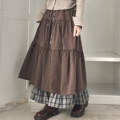 하이디 밑단 체크 레이어드 3단 캉캉 빈티지 롱스커트 보헤미안 모리걸 밤색