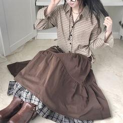 하이디 밑단 체크 레이어드 3단 캉캉 빈티지 롱스커트 보헤미안 모리걸 밤색