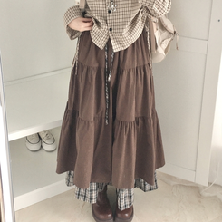 하이디 밑단 체크 레이어드 3단 캉캉 빈티지 롱스커트 보헤미안 모리걸 밤색