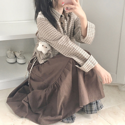 하이디 밑단 체크 레이어드 3단 캉캉 빈티지 롱스커트 보헤미안 모리걸 밤색