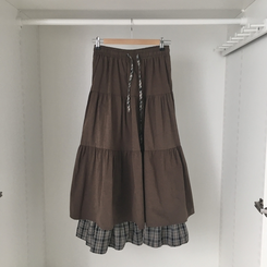 하이디 밑단 체크 레이어드 3단 캉캉 빈티지 롱스커트 보헤미안 모리걸