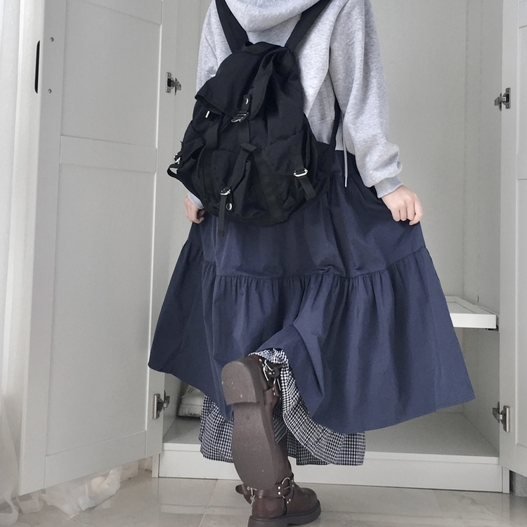 하이디 밑단 체크 레이어드 3단 캉캉 빈티지 롱스커트 보헤미안 모리걸 곤색