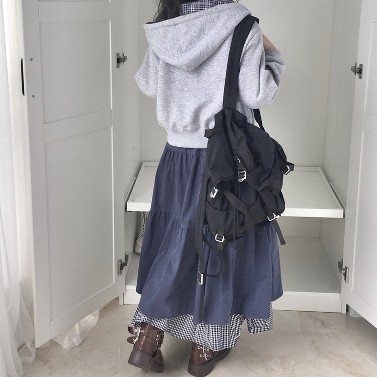 하이디 밑단 체크 레이어드 3단 캉캉 빈티지 롱스커트 보헤미안 모리걸 곤색