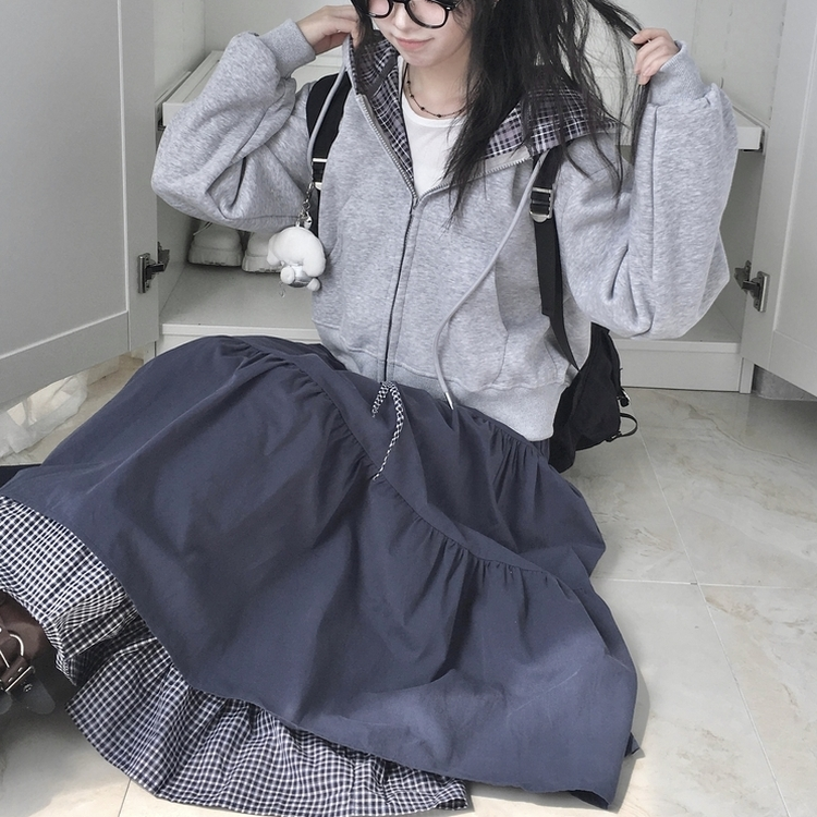 하이디 밑단 체크 레이어드 3단 캉캉 빈티지 롱스커트 보헤미안 모리걸 곤색