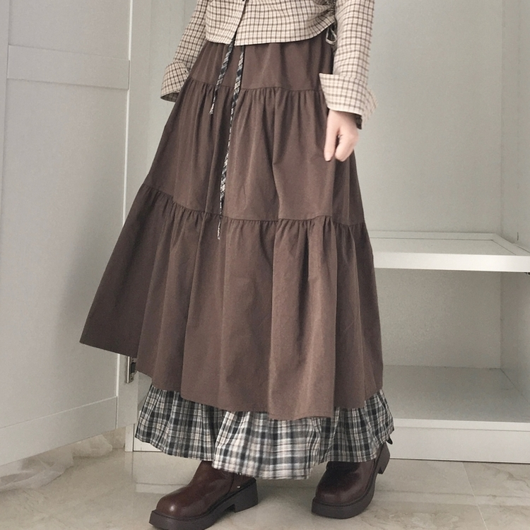 하이디 밑단 체크 레이어드 3단 캉캉 빈티지 롱스커트 보헤미안 모리걸 밤색