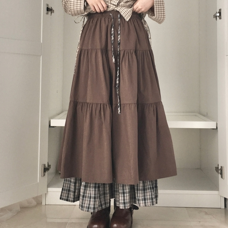 하이디 밑단 체크 레이어드 3단 캉캉 빈티지 롱스커트 보헤미안 모리걸 밤색