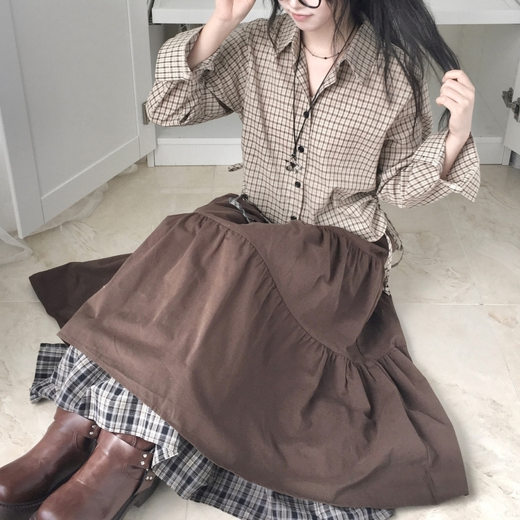 하이디 밑단 체크 레이어드 3단 캉캉 빈티지 롱스커트 보헤미안 모리걸 밤색