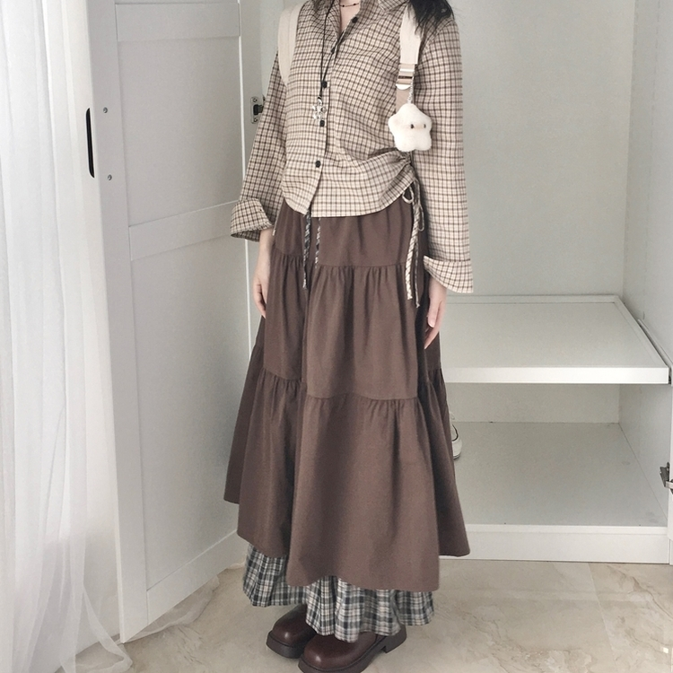 하이디 밑단 체크 레이어드 3단 캉캉 빈티지 롱스커트 보헤미안 모리걸 밤색