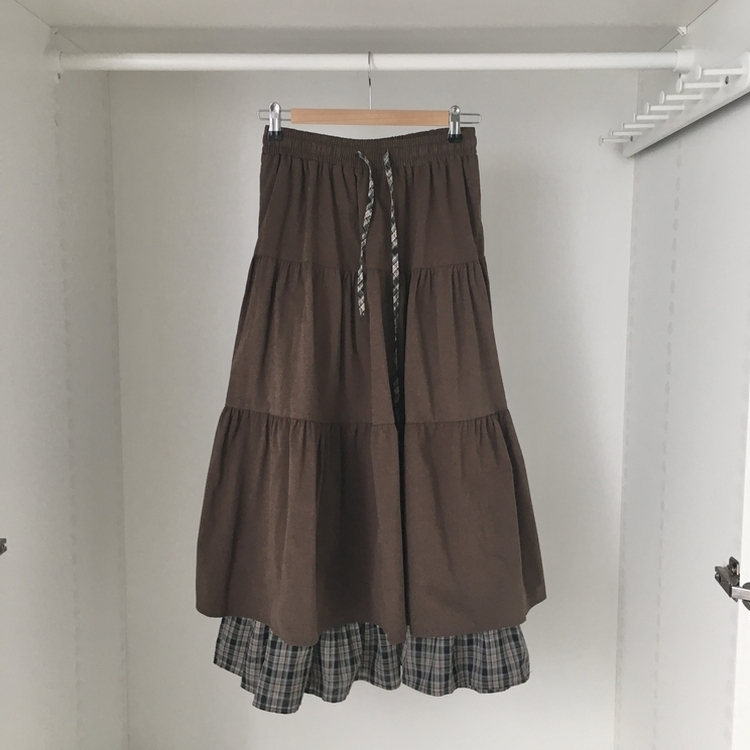 하이디 밑단 체크 레이어드 3단 캉캉 빈티지 롱스커트 보헤미안 모리걸