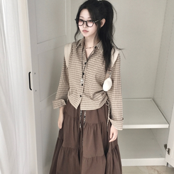 너드 빈티지 5kg 옆셔링 허리 사이드 리본 긴팔 체크셔츠 남방 베이지