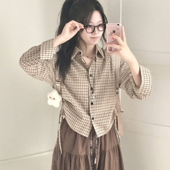 너드 빈티지 5kg 옆셔링 허리 사이드 리본 긴팔 체크셔츠 남방 베이지