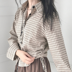 너드 빈티지 5kg 옆셔링 허리 사이드 리본 긴팔 체크셔츠 남방 베이지