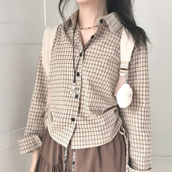 너드 빈티지 5kg 옆셔링 허리 사이드 리본 긴팔 체크셔츠 남방 베이지