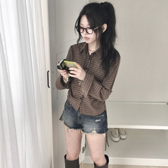 너드 빈티지 5kg 옆셔링 허리 사이드 리본 긴팔 체크셔츠 남방 밤색