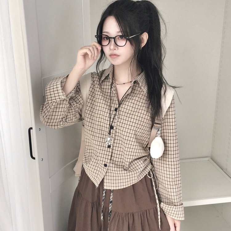 너드 빈티지 5kg 옆셔링 허리 사이드 리본 긴팔 체크셔츠 남방 베이지