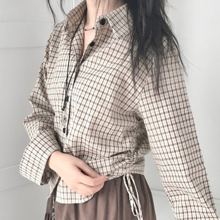 너드 빈티지 5kg 옆셔링 허리 사이드 리본 긴팔 체크셔츠 남방 베이지