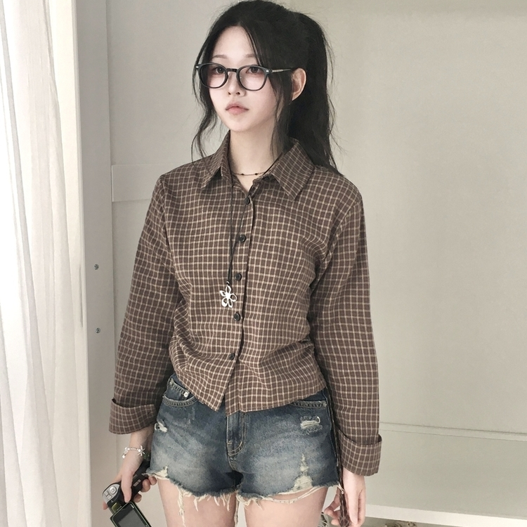 너드 빈티지 5kg 옆셔링 허리 사이드 리본 긴팔 체크셔츠 남방 밤색