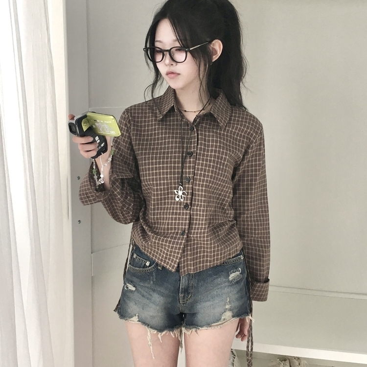 너드 빈티지 5kg 옆셔링 허리 사이드 리본 긴팔 체크셔츠 남방 밤색