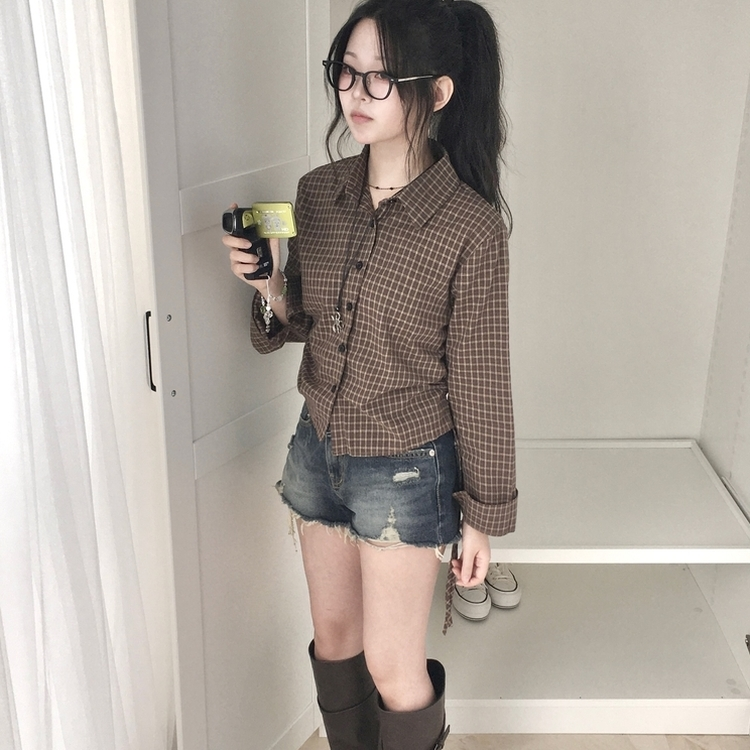 너드 빈티지 5kg 옆셔링 허리 사이드 리본 긴팔 체크셔츠 남방 밤색