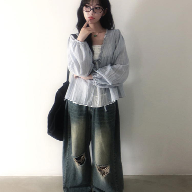 レースレイヤードフリルブラウス SKY BLUE