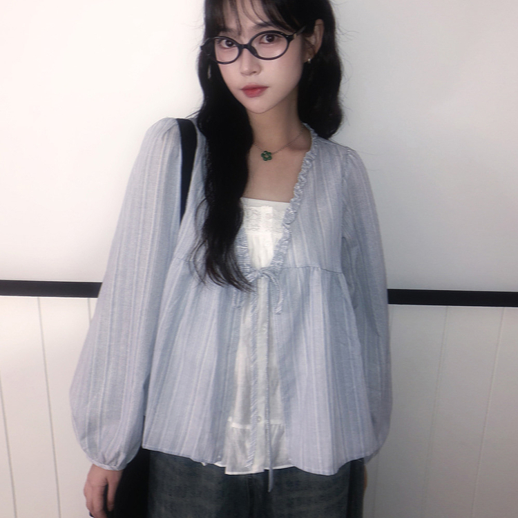 レースレイヤードフリルブラウス SKY BLUE