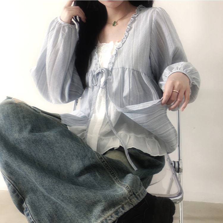 レースレイヤードフリルブラウス SKY BLUE