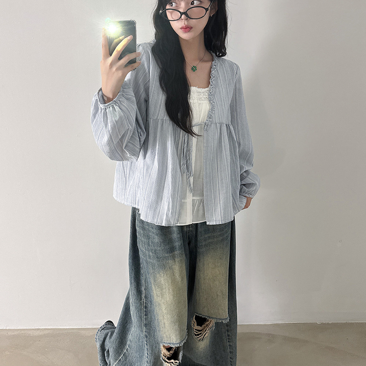 レースレイヤードフリルブラウス SKY BLUE