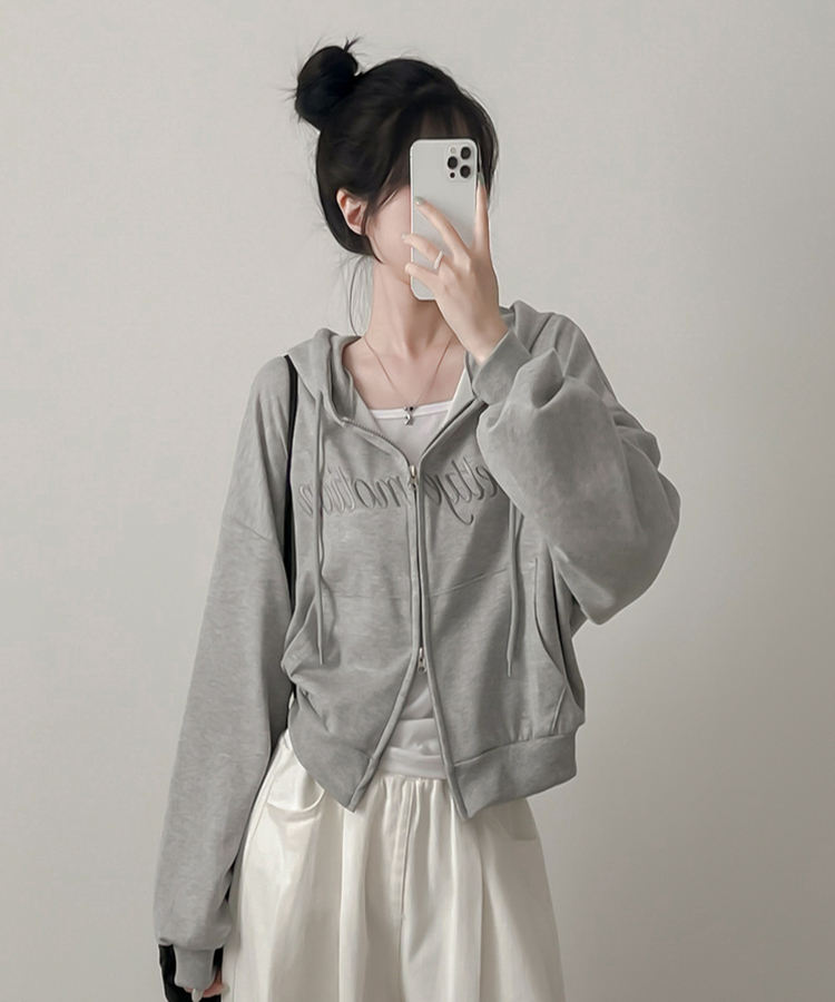刺繍フードジップアップ(5color) GREY