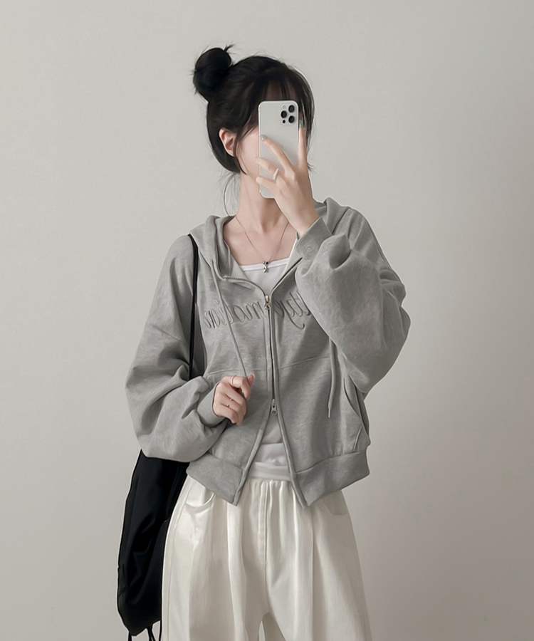 刺繍フードジップアップ(5color) GREY