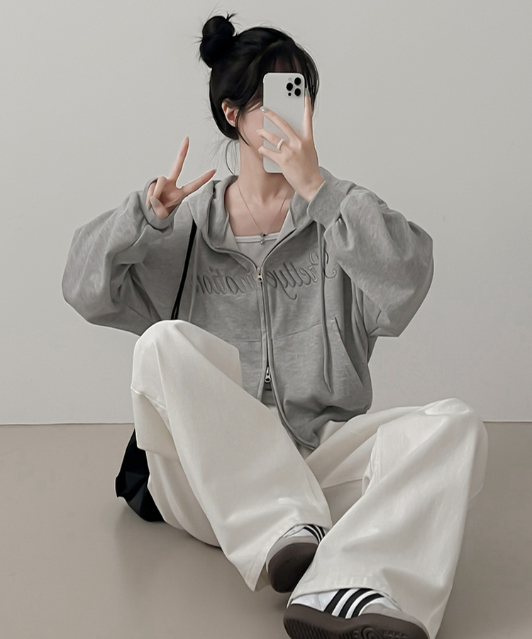 刺繍フードジップアップ(5color) GREY